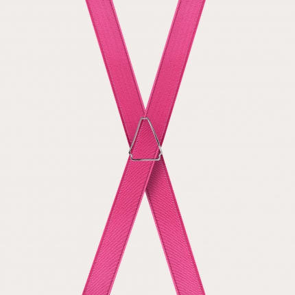 Formal skinny X-shape elastic suspenders with clips, satin fuchsia