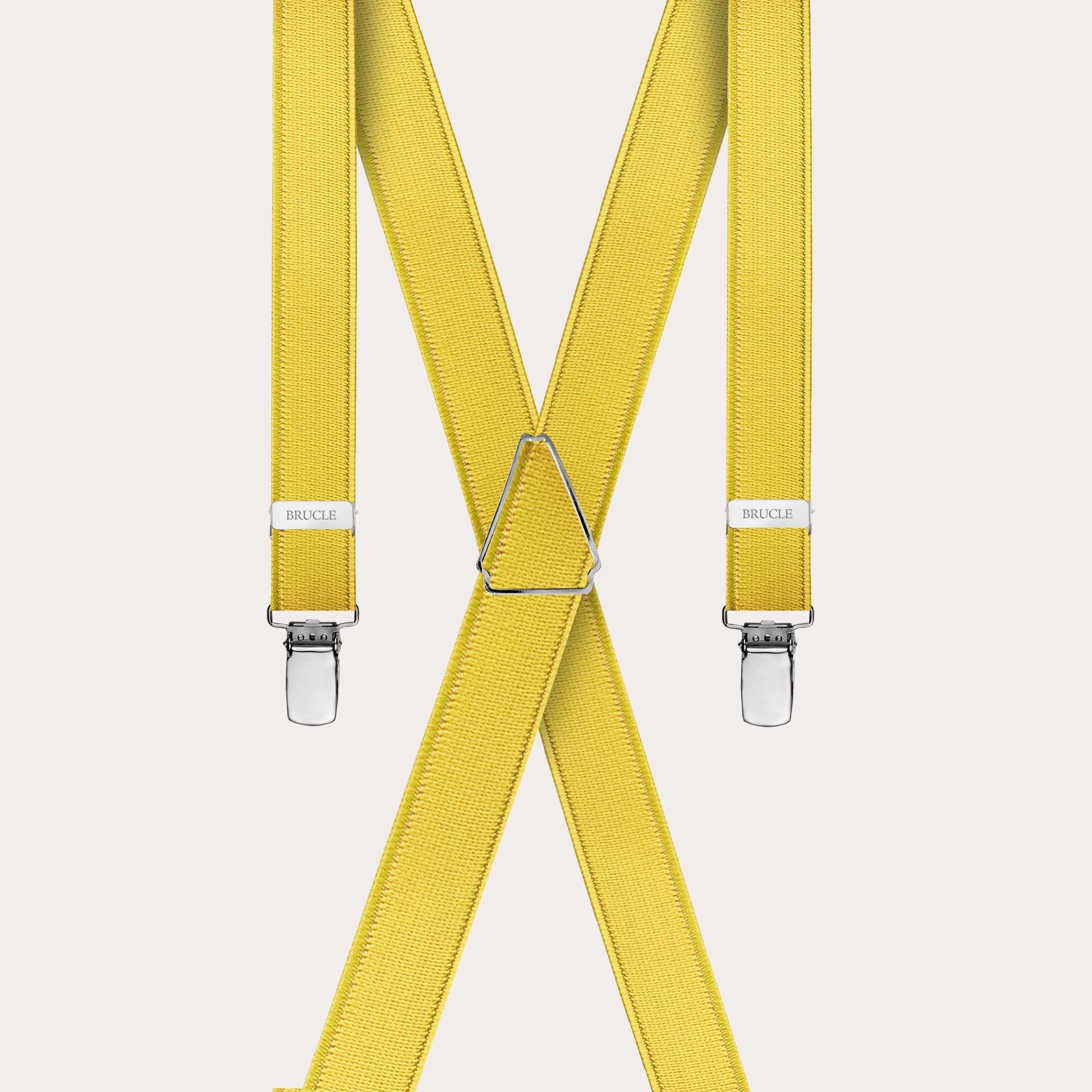 Formal skinny X-shape elastic suspenders with clips, satin yellow