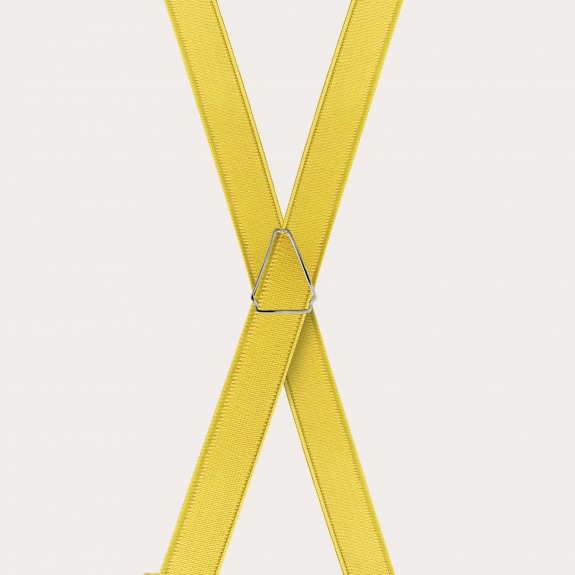 Formal skinny X-shape elastic suspenders with clips, satin yellow