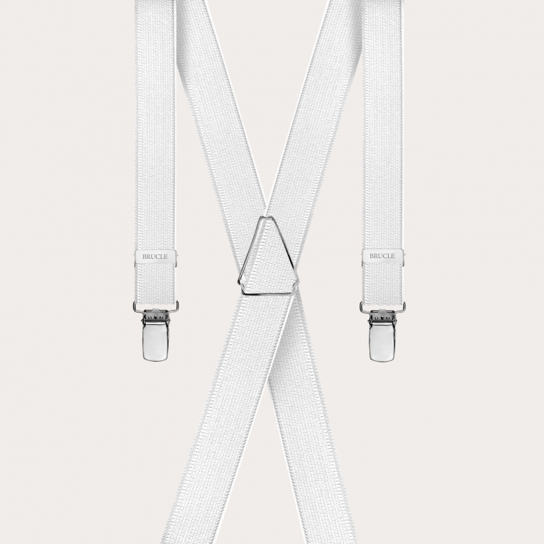 Formal skinny X-shape elastic suspenders with clips, satin pearl white