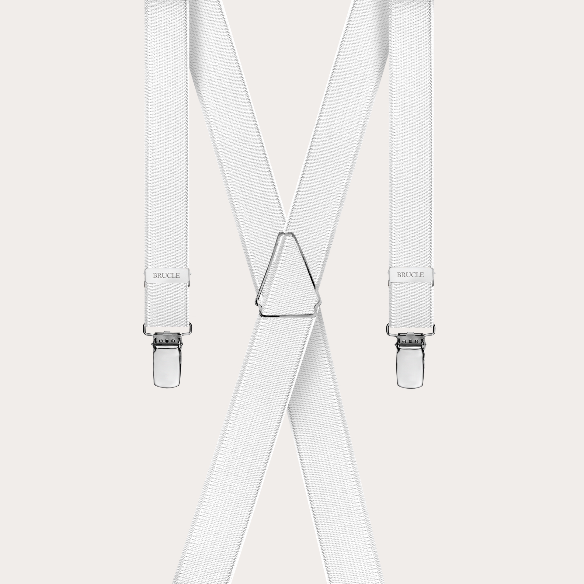 Formal skinny X-shape elastic suspenders with clips, satin pearl white