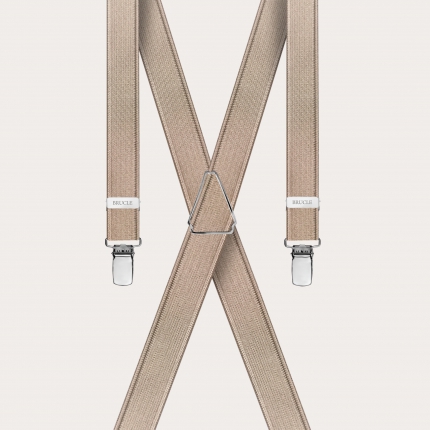 Formal skinny X-shape elastic suspenders with clips, satin beige