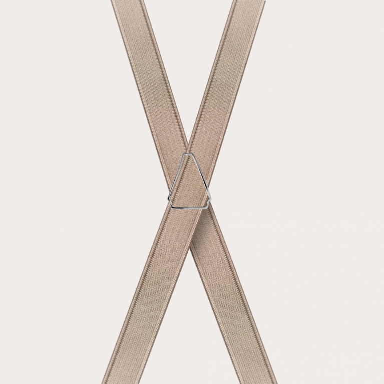 Formal skinny X-shape elastic suspenders with clips, satin beige