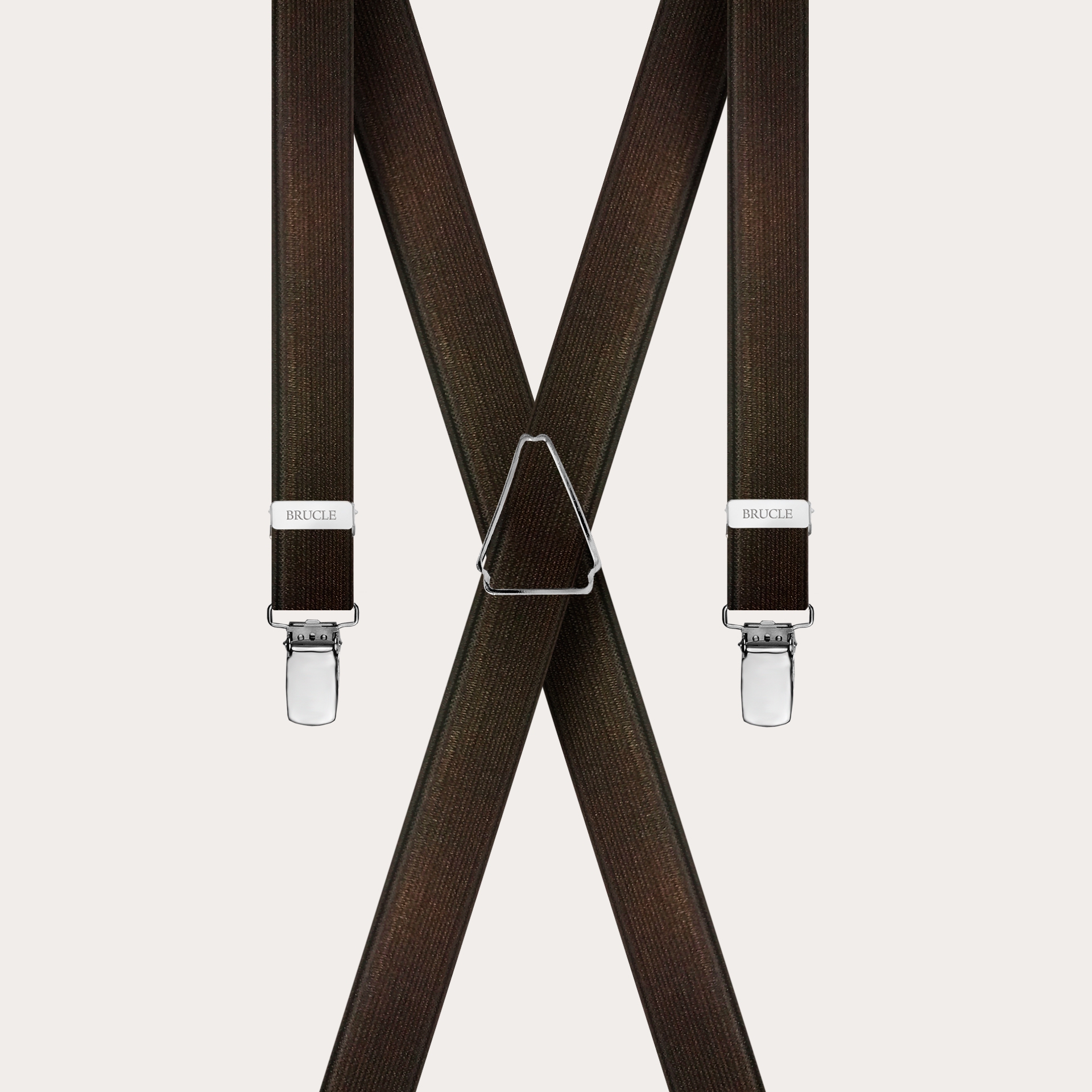 Formal skinny X-shape elastic suspenders with clips, satin brown