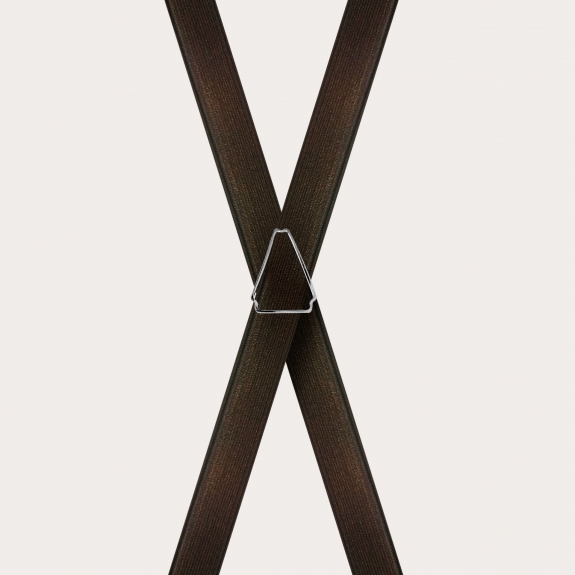 Formal skinny X-shape elastic suspenders with clips, satin brown