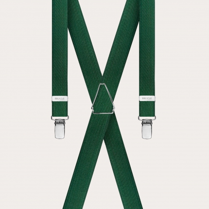 Formal skinny X-shape elastic suspenders with clips, satin dark green