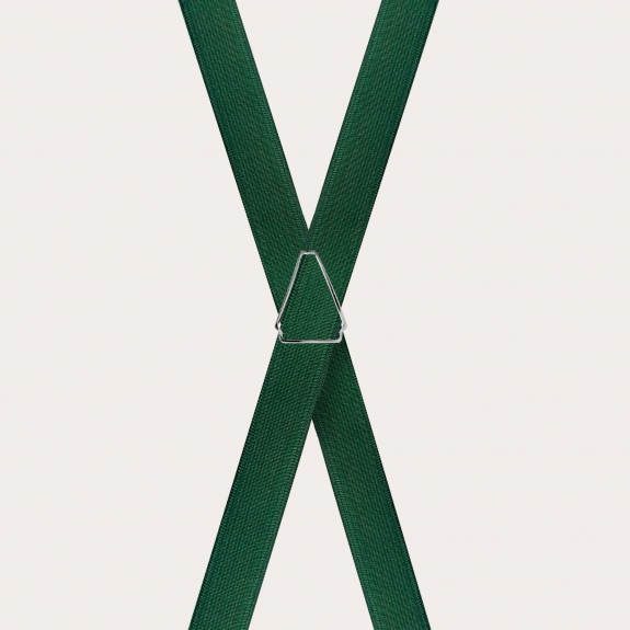 Formal skinny X-shape elastic suspenders with clips, satin dark green