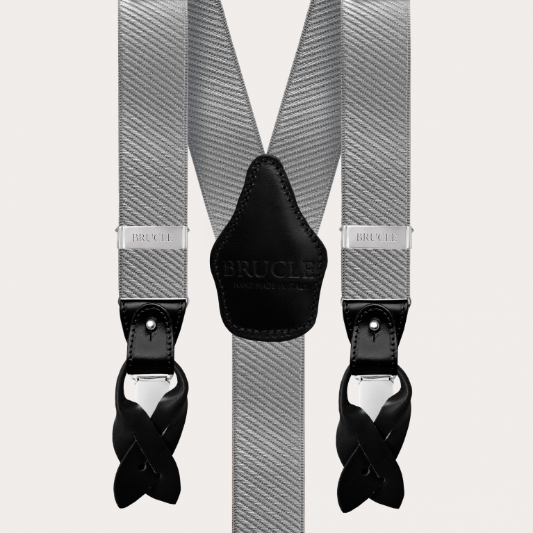 Elastic formal suspenders in striped satin, grey