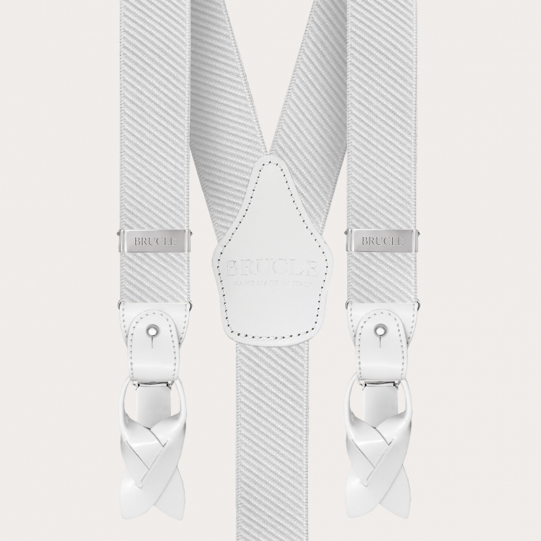 Elastic formal suspenders in striped satin, white