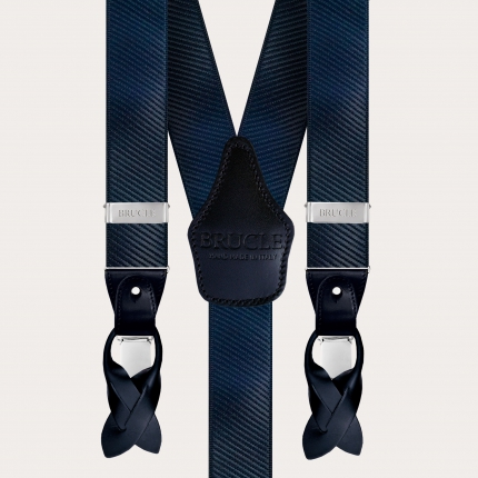 Elastic formal suspenders in striped satin, blue