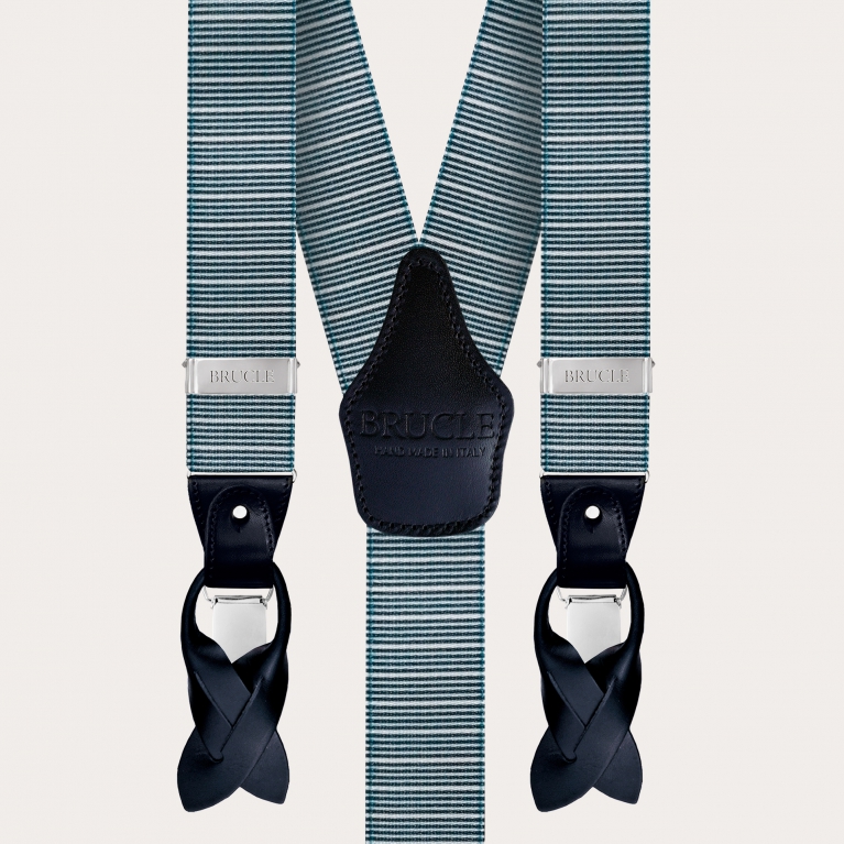 Elastische Hosenträger in Y-Form, horizontale Streifen in Blau und Weiß