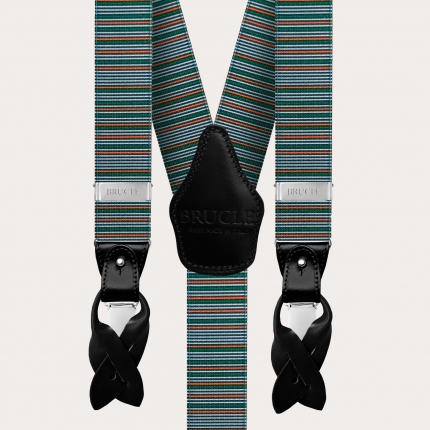 Y-shape elastic suspenders, horizontal stripes in green and orange