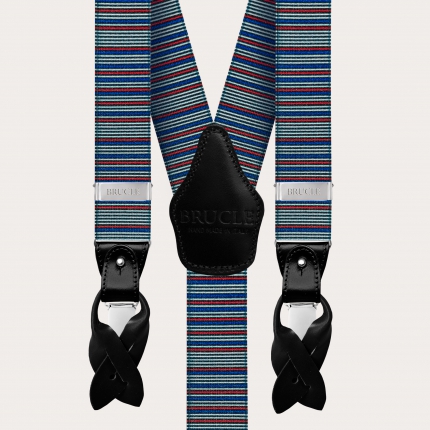 Y-shape elastic suspenders, horizontal stripes in red and blue