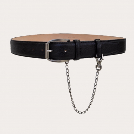 Elk print leather belt, black with buckle with chain