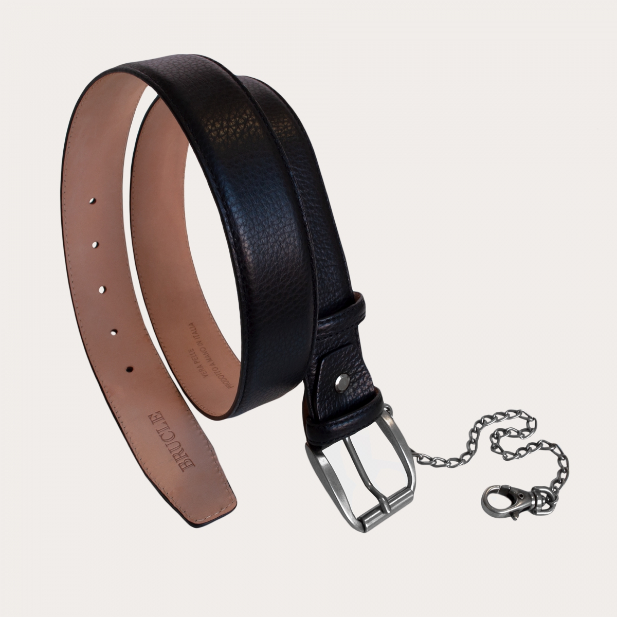 BRUCLE Elk print leather belt, black with buckle with chain