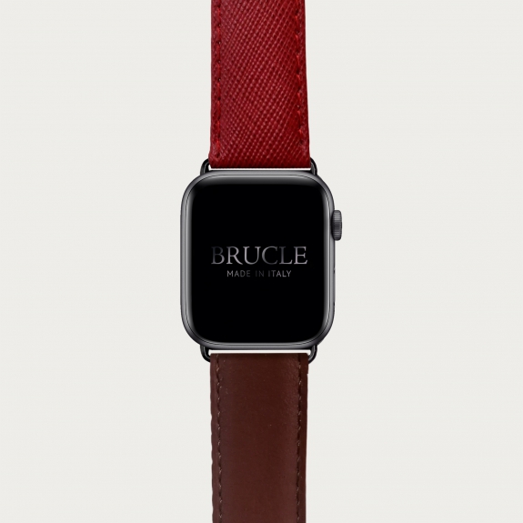 Leather Watch band compatible with Apple Watch / Samsung smartwatch, bicolor red Saffiano print and brown