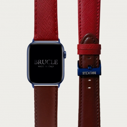 Cinturino bicolor in pelle stampata per orologio, Apple Watch e Samsung Galaxy Watch, saffiano rosso e marrone inglese