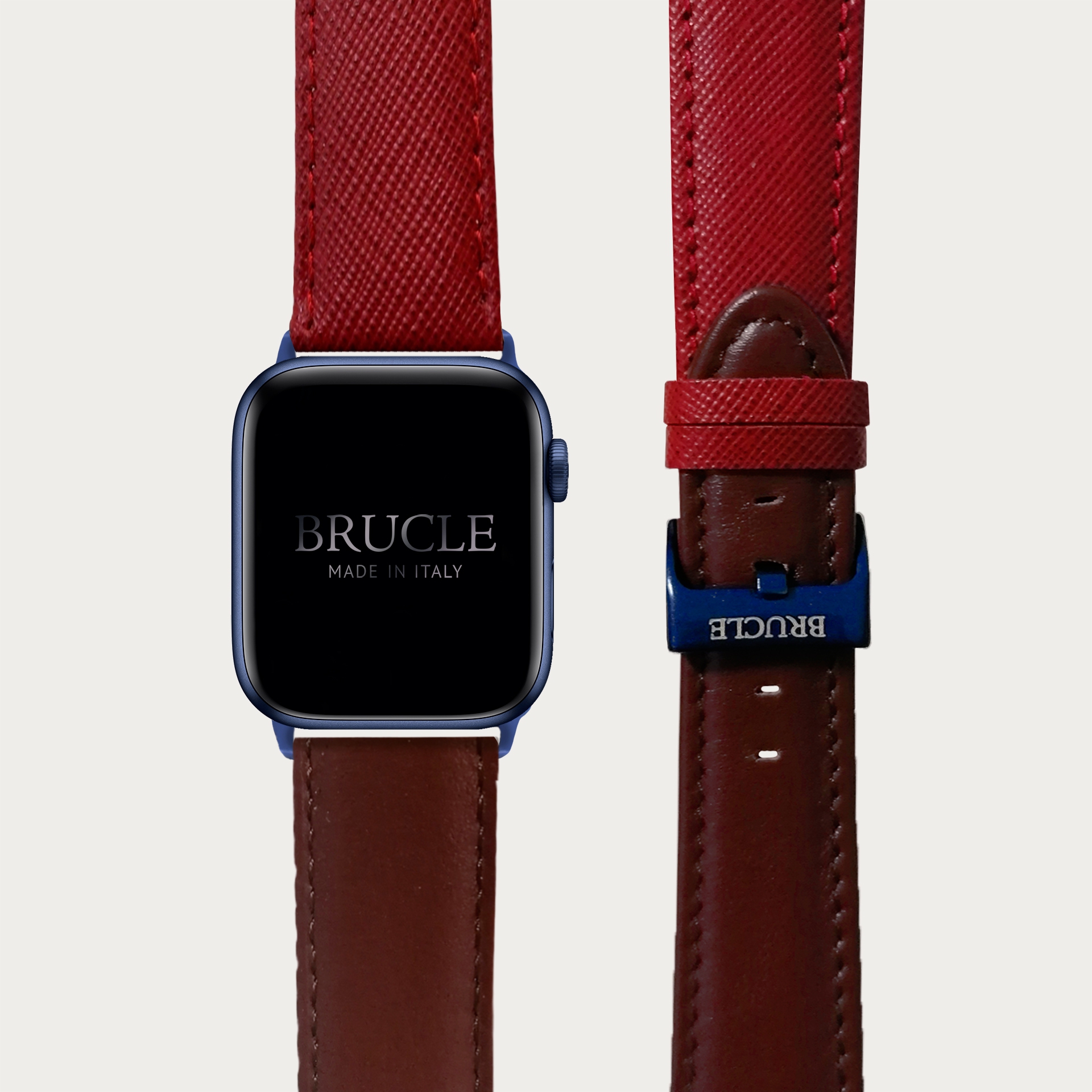 BRUCLE Cinturino bicolor in pelle stampata per orologio, Apple Watch e Samsung Galaxy Watch, saffiano rosso e marrone inglese