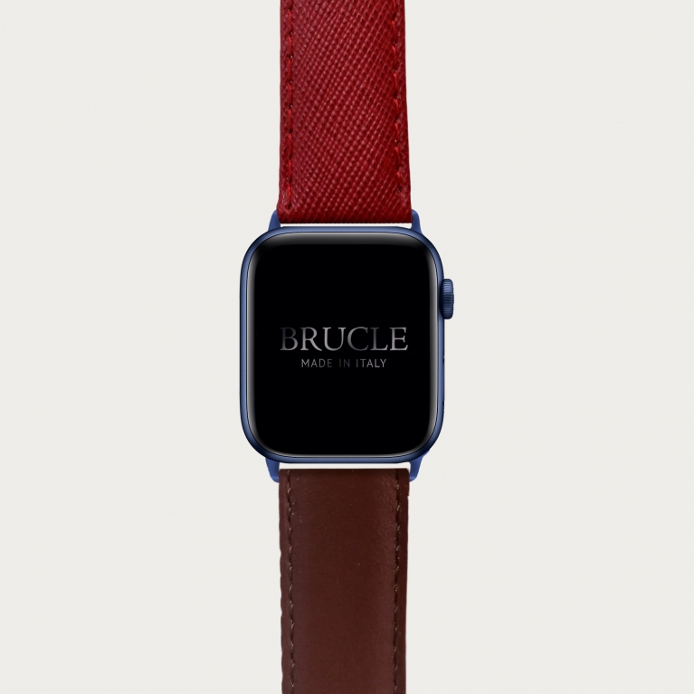 Cinturino bicolor in pelle stampata per orologio, Apple Watch e Samsung Galaxy Watch, saffiano rosso e marrone inglese