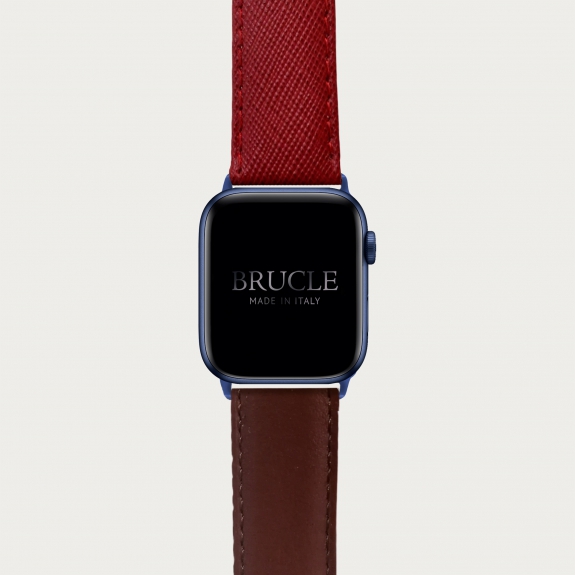 Leather Watch band compatible with Apple Watch / Samsung smartwatch, bicolor red Saffiano print and brown