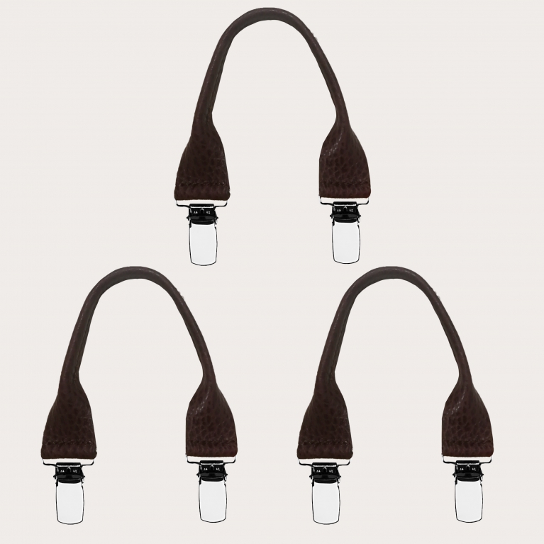 Set of 3 Dark Brown Textured Leather Ends with Clips for Suspenders