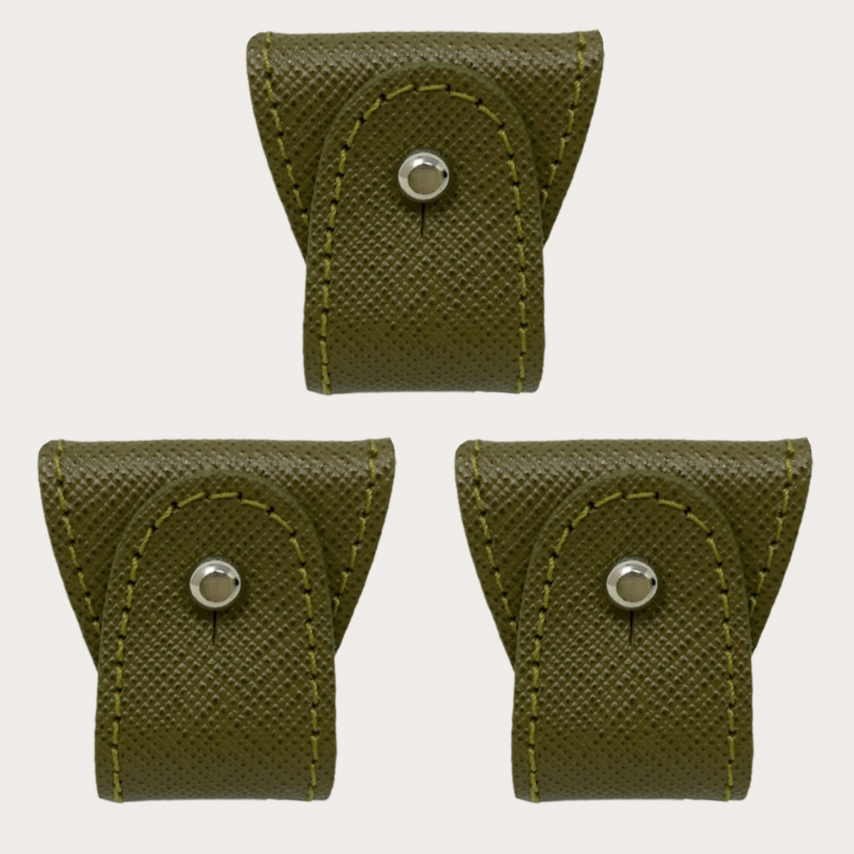 BRUCLE Set ricambio 3 pz. terminali in pelle per bretelle doppio uso, verde militare saffiano