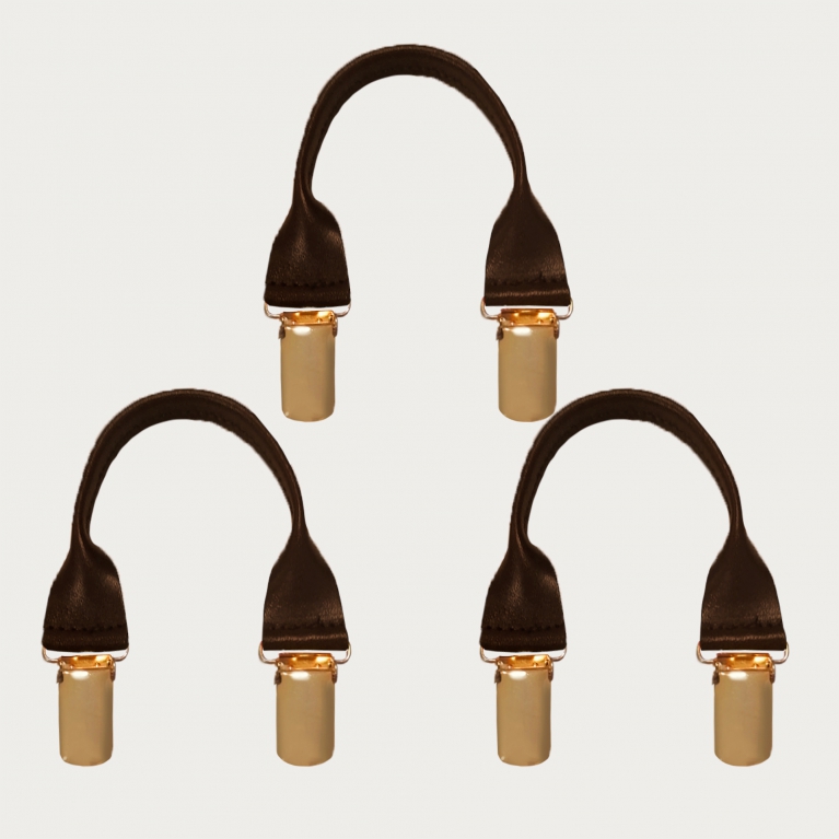 Leather connectors with golden clips, 3 pcs., dark brown