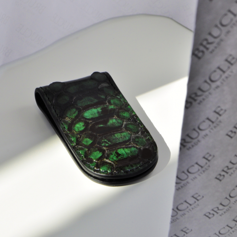 Handgefertigte Geldklammer aus echtem, glänzend grünem Pythonleder