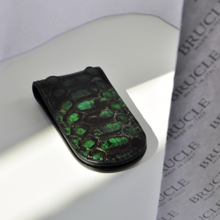 Handmade money clip in genuine glossy green python leather