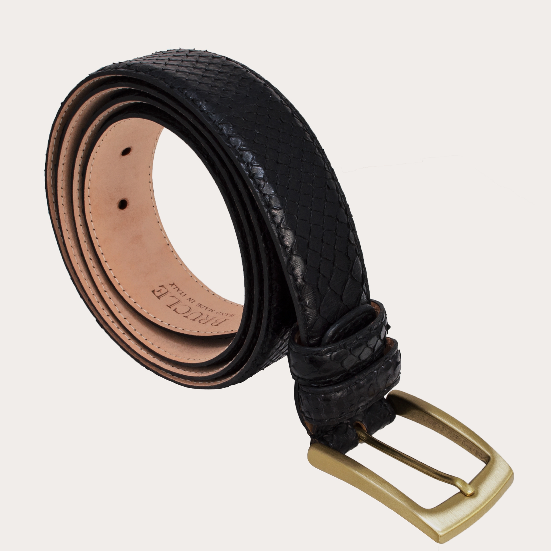 BRUCLE Cinturón de pitón con hebilla de oro sin níquel, negro