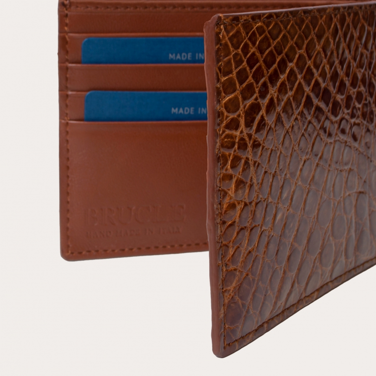 Genuine crocodile bifold wallet with flap, gold