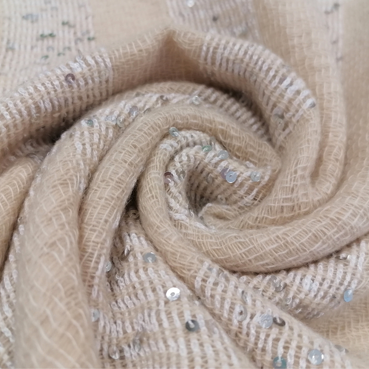 BRUCLE Cashmere scarf with white bands and sequins, light beige