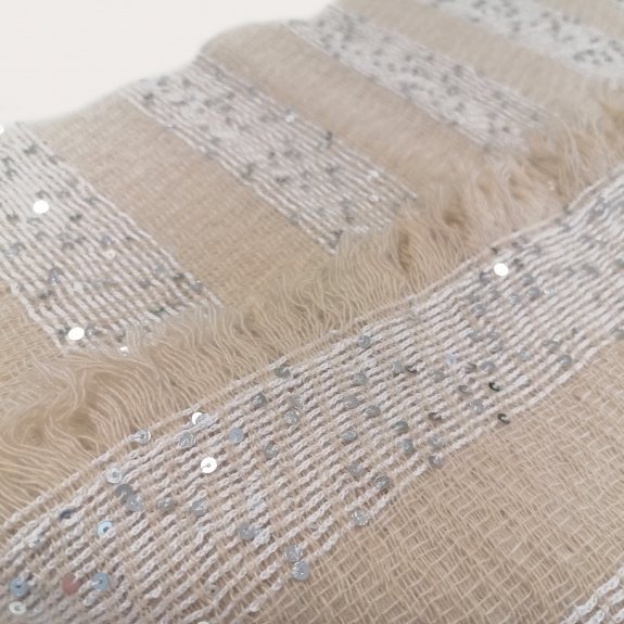 BRUCLE Cashmere scarf with white bands and sequins, light beige