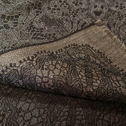 Virgin wool scarf with lace pattern, brown and bright beige