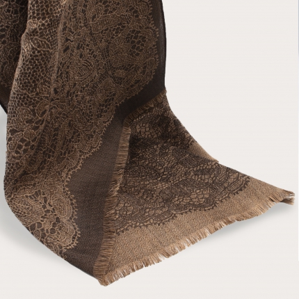 Virgin wool scarf with lace pattern, brown and bright beige