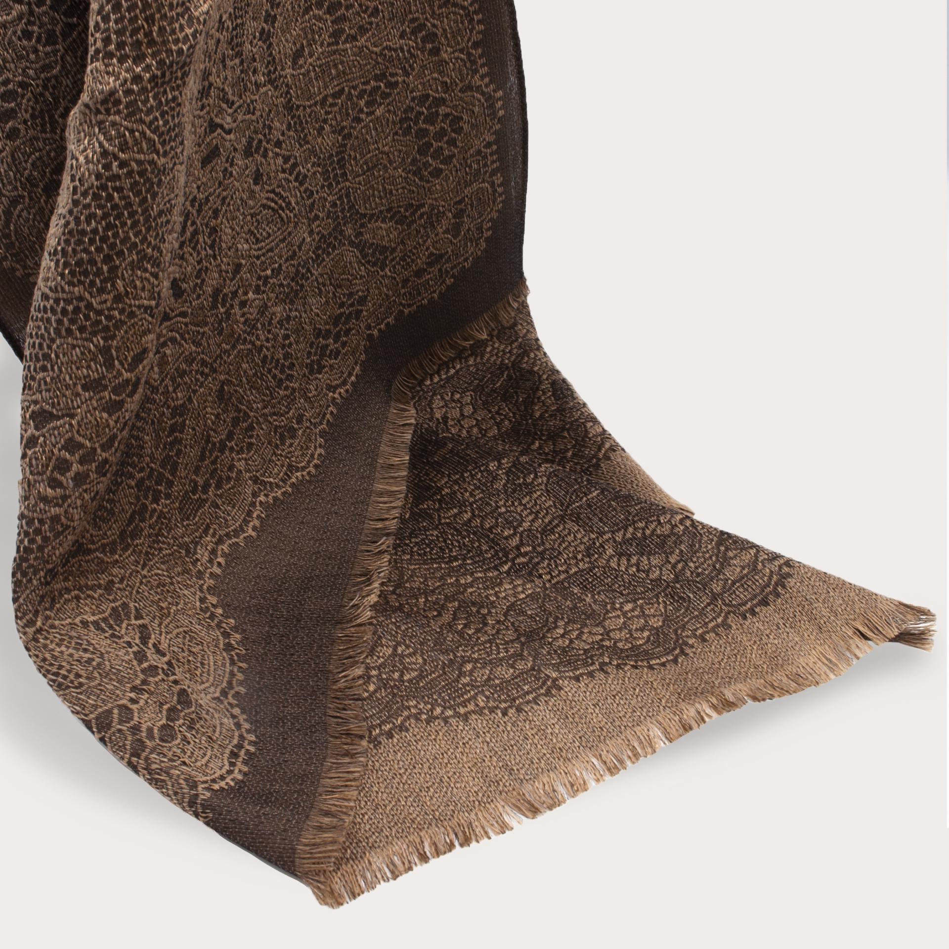 BRUCLE Virgin wool scarf with lace pattern, brown and bright beige