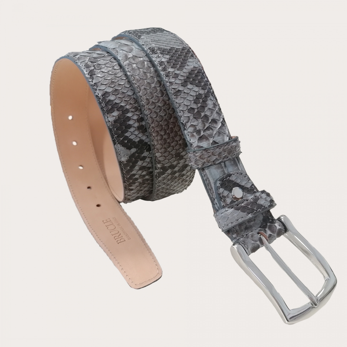 BRUCLE Cinturón de piel de pitón H35 tamponado a mano con hebilla brillante plata, dusty blue