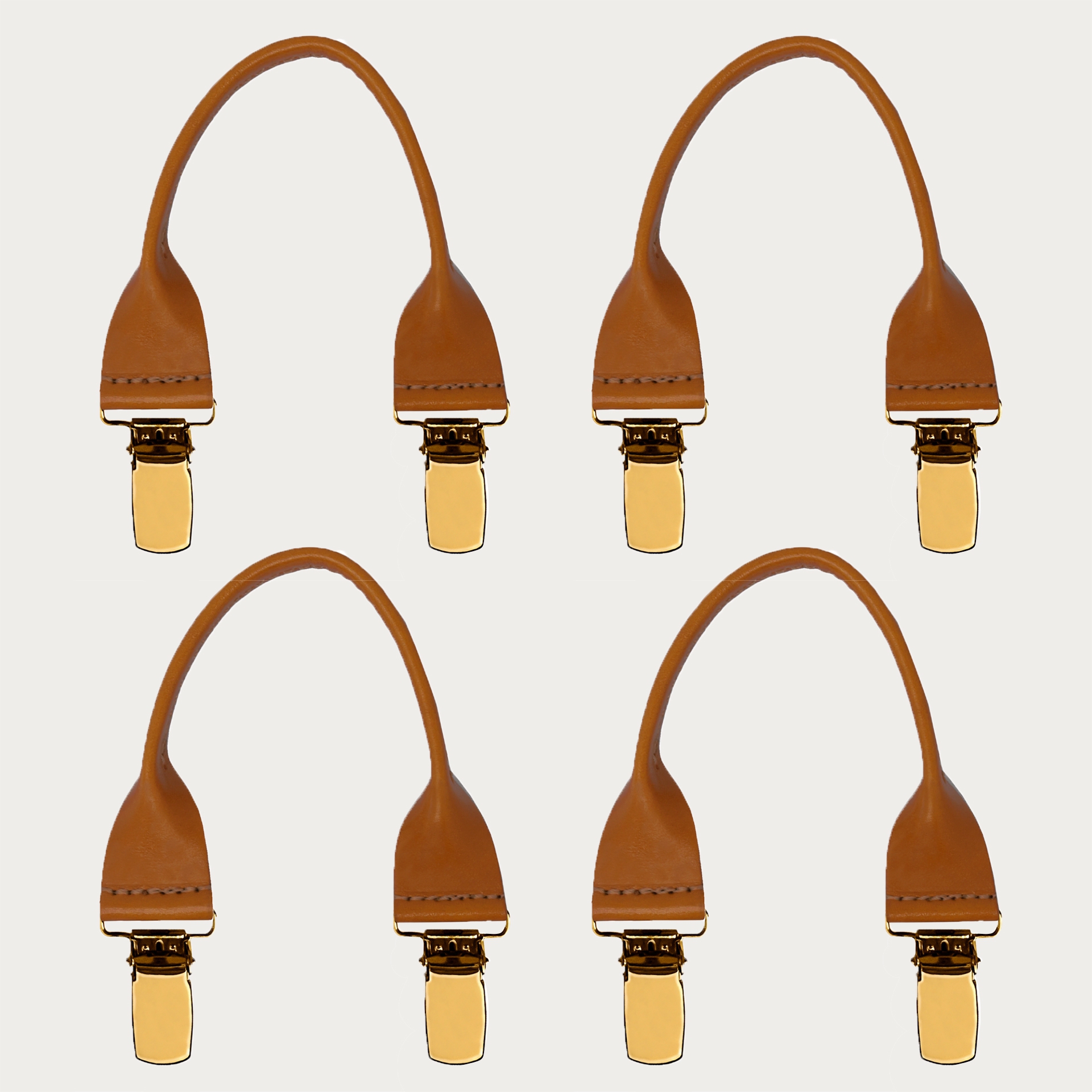 Leather buttonhole braces with gold clips, 4 pieces, tan