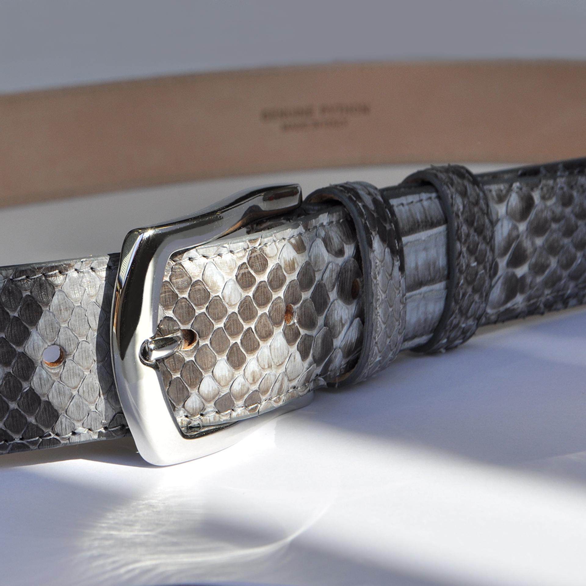 BRUCLE Hand-buffed H35 python leather belt with silver shiny buckle, dusty blue