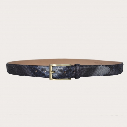 Hand-buffered python belt with nickel free golden buckle, blue and purple