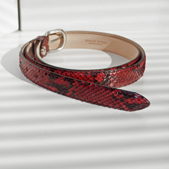 BRUCLE Thin belt in shiny python leather with satin buckle, red