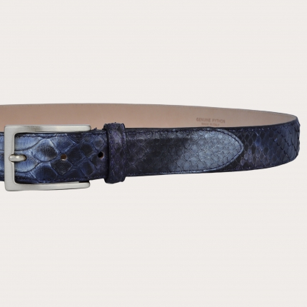 Python leather belt H30 handbuffered with silver satin buckle, blue and purple