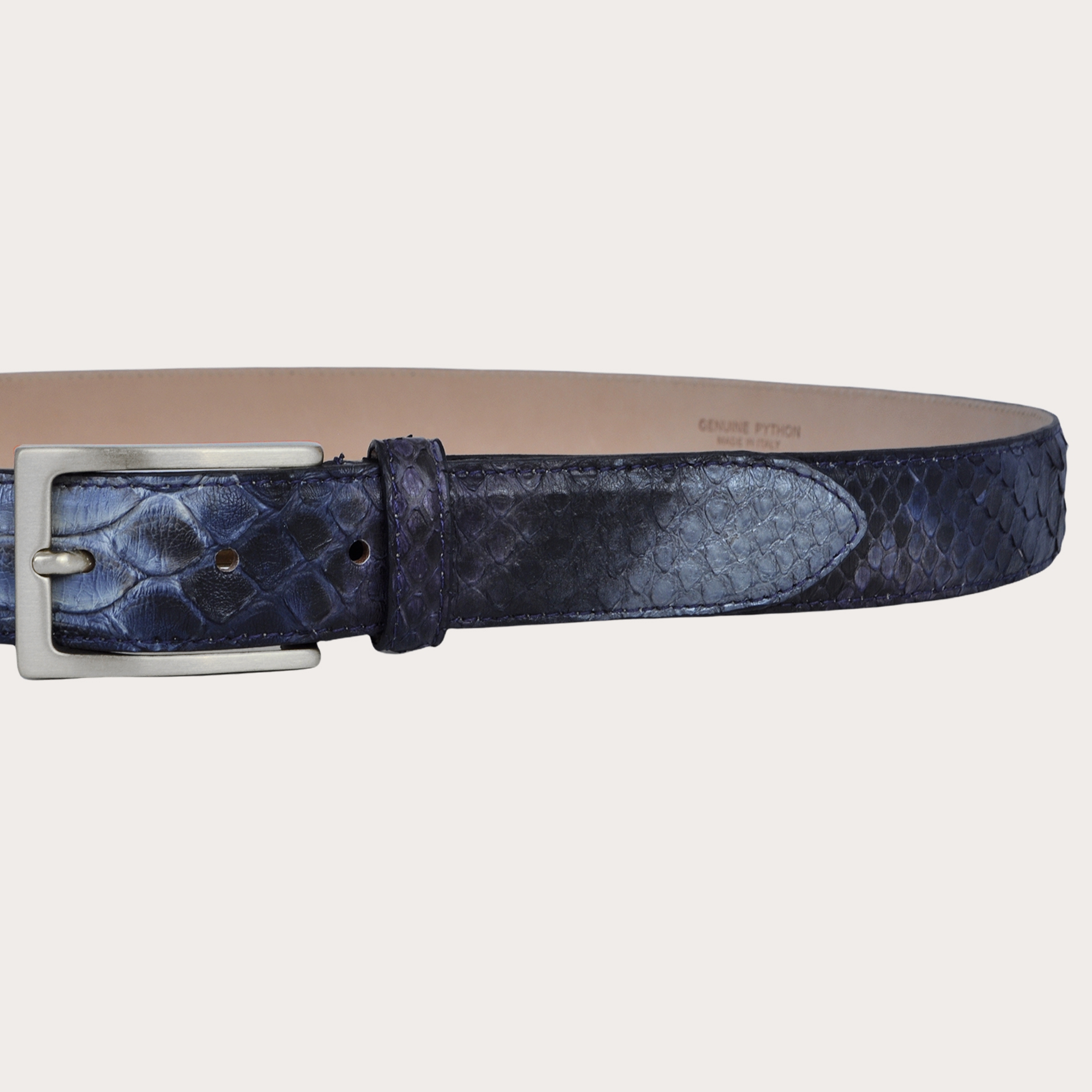BRUCLE Handgepufferter Pythongürtel mit nickelfreier Silberschnalle, blau und lila