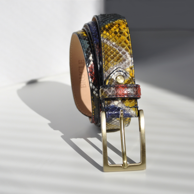 Dünner handbemalter Pythongürtel mit nickelfreier Goldschnalle, mehrfarbig