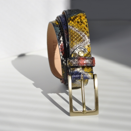 BRUCLE Thin handpainted python belt with nickel free gold buckle, multicolor