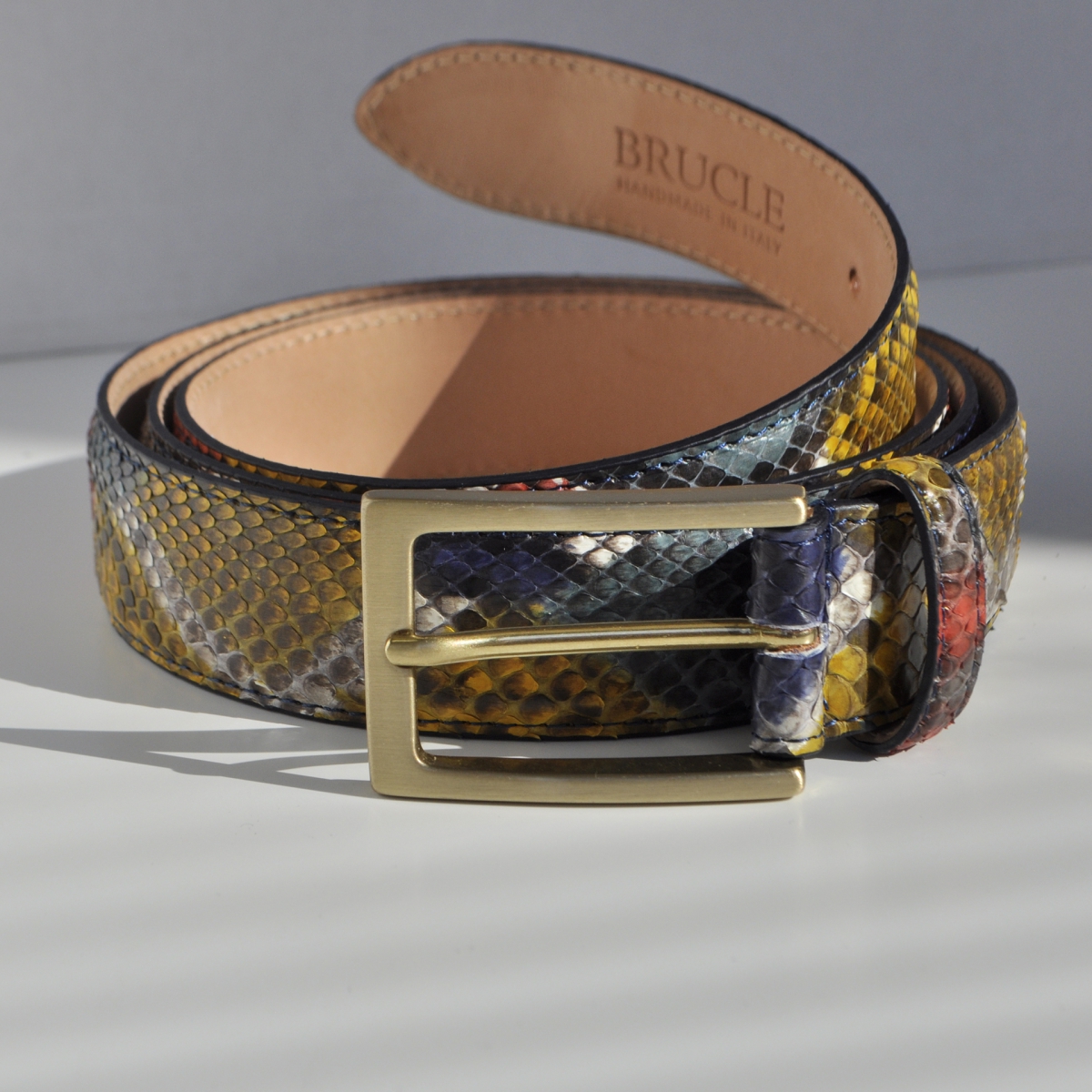 BRUCLE Thin handpainted python belt with nickel free gold buckle, multicolor