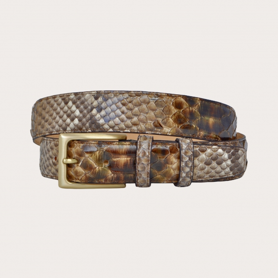 Hand-buffed H35 python leather belt with gold satin buckle, shades of brown and mud