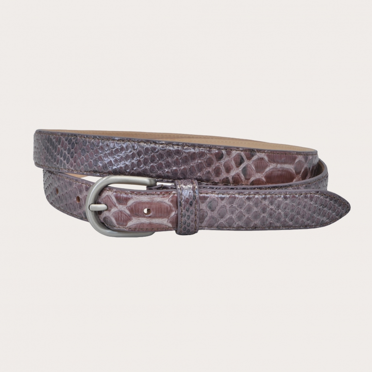 Thin belt in shiny python with nickel free satin buckle, powder color