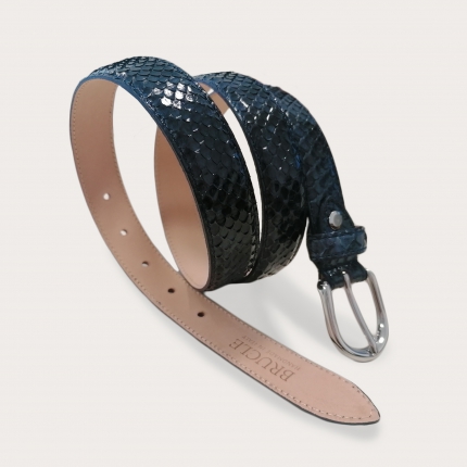 Thin python leather belt with shiny buckle, navy blue
