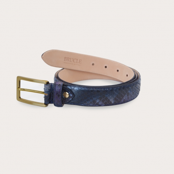 BRUCLE Hand-buffered python belt with nickel free golden buckle, blue and purple